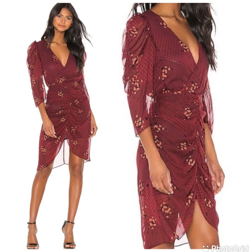 NEW Hofmann Copenhagen Lea Ruched Georgette Dress in Mahogany Print Size Small